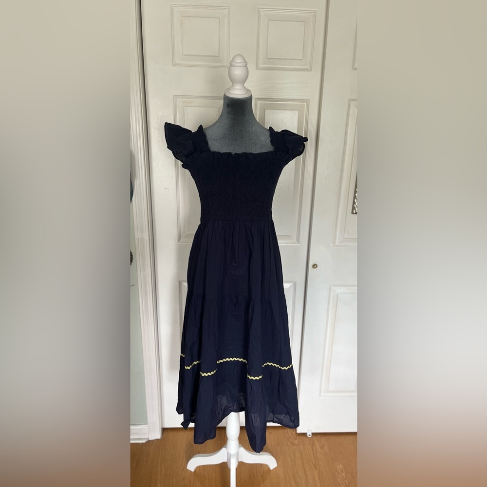 Jude Connally Peony Dress in Navy Blue. Yellow Stripe. NWT